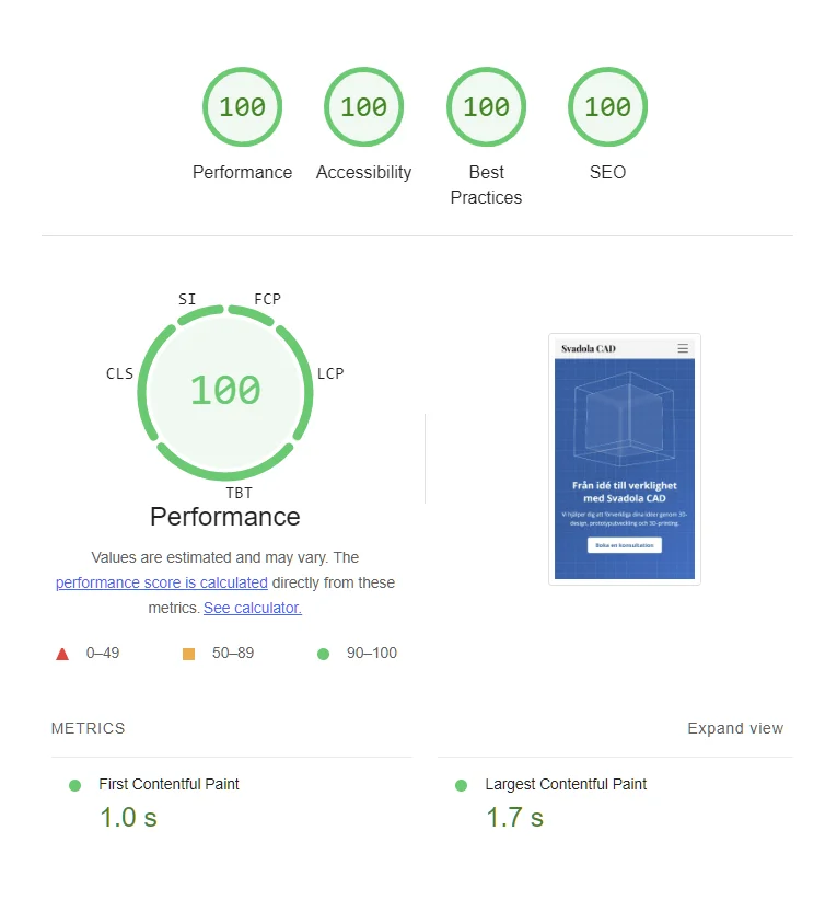 Google Lighthouse 100/100 resultat