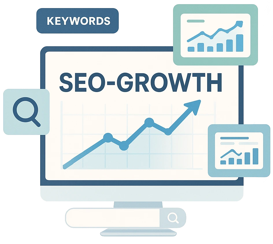 Illustration av SEO-koncept med sökresultat och grafer